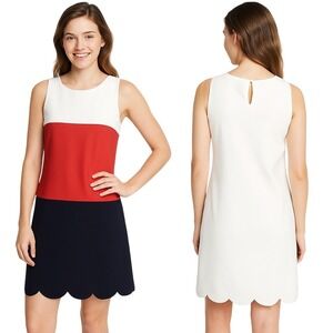 Women Dress Small Red White Navy Shift Sleeveless Scallop‎ Hem Colorblock USA